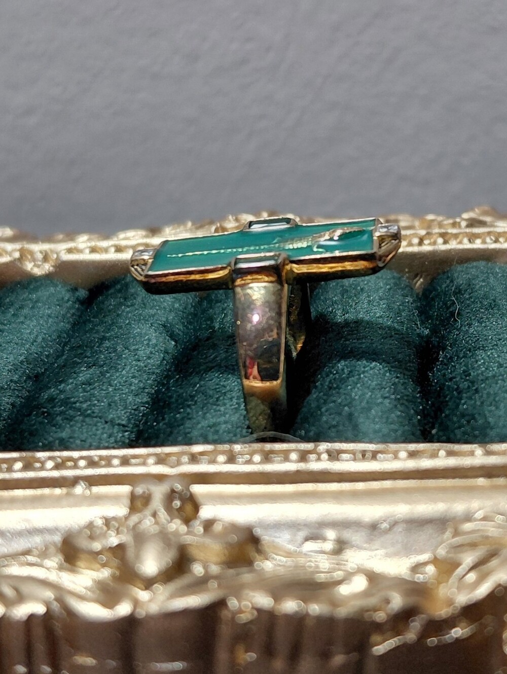 Gold Ring with Turquoise Green Inlay and Cross Accent - Picture 4 of 14